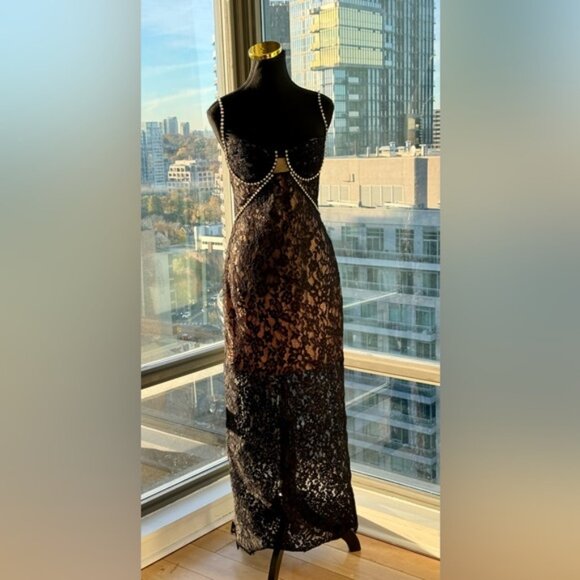 🆕 SELF-PORTRAIT 🧿 NWOT Crystal Trimmed Black Fine Lace Maxi Dress, Sz US4 UK8 - Picture 3 of 15
